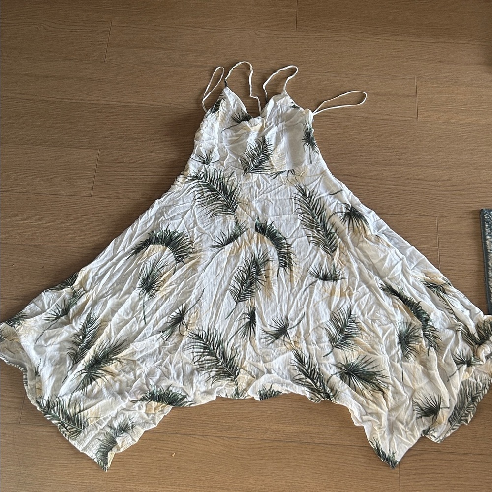 White and Green Palm Print Women's Dress